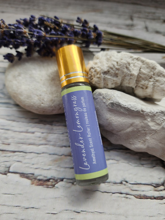 Lavender-Lemongrass Essential Oil Roller with Amethyst Crystal Roller Ball