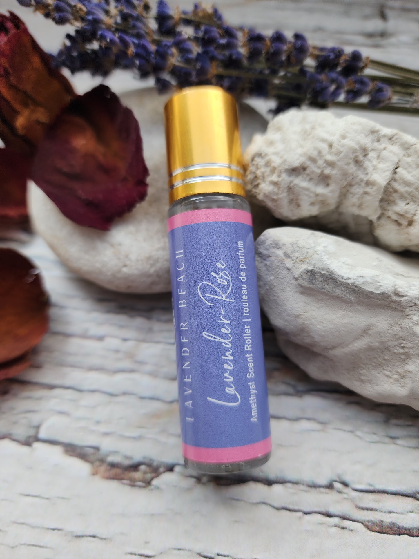 Lavender-Rose Essential Oil Roller with Amethyst Crystal Roller Ball