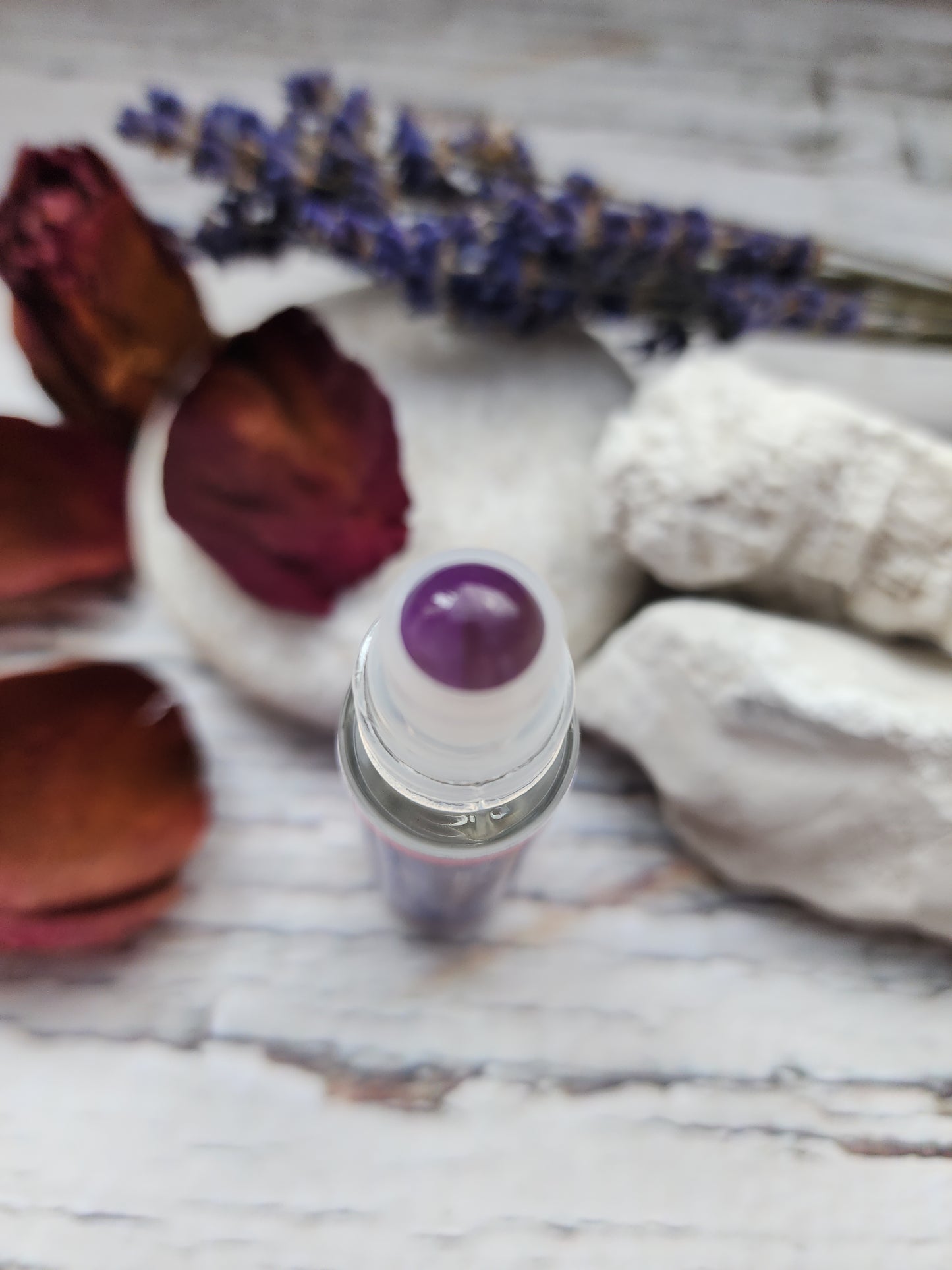 Lavender-Rose Essential Oil Roller with Amethyst Crystal Roller Ball
